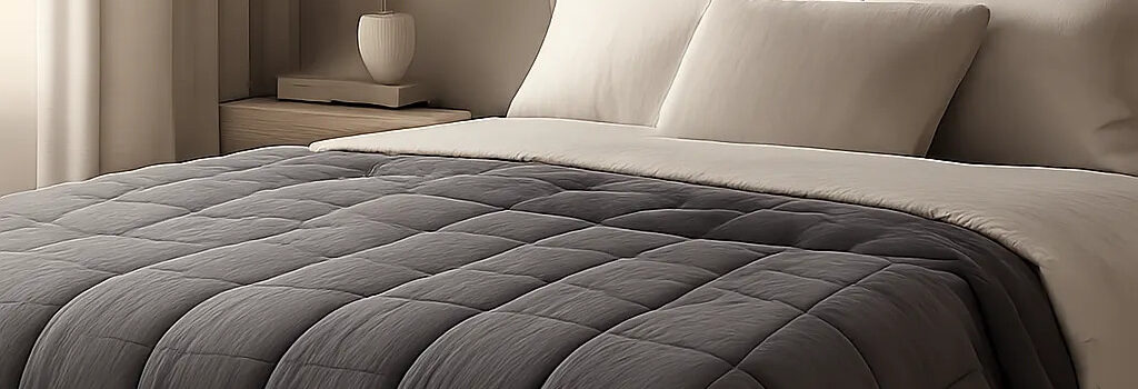 Une chambre élégante avec une couverture lestée mise en valeur dans une ambiance calme et rassurante. L’image évoque le confort, l’apaisement et la qualité du sommeil.