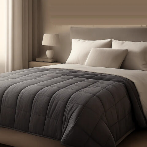 Une chambre élégante avec une couverture lestée mise en valeur dans une ambiance calme et rassurante. L’image évoque le confort, l’apaisement et la qualité du sommeil.