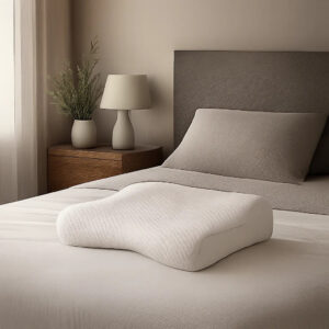 Illustration d’un oreiller cervical premium dans une chambre moderne, évoquant le soutien de la nuque et le repos. L’ambiance est calme, élégante et orientée récupération.
