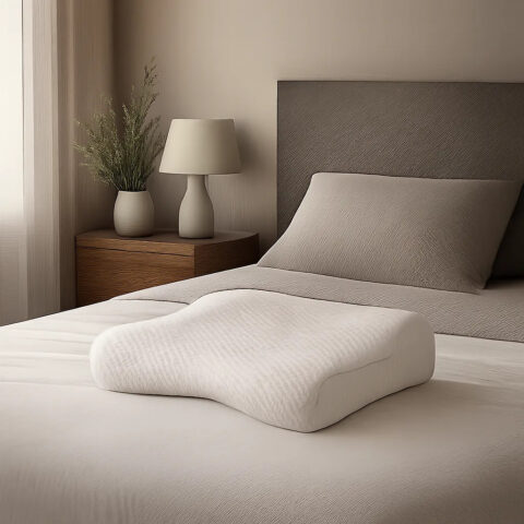 Illustration d’un oreiller cervical premium dans une chambre moderne, évoquant le soutien de la nuque et le repos. L’ambiance est calme, élégante et orientée récupération.
