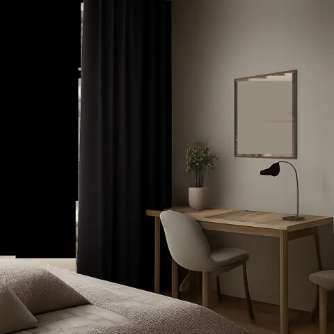 Un rideau occultant épais dans un intérieur premium, montrant la maîtrise de la lumière naturelle. L’image évoque le sommeil, la concentration et le confort visuel.