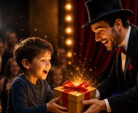 Magicien offrant un cadeau à un enfant devant un public lors d'un spectacle vivant