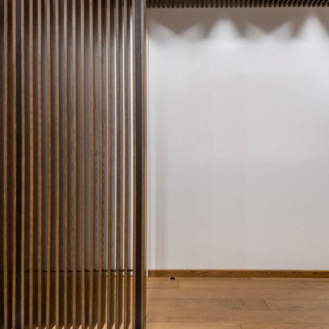 intérieur moderne avec parquet, cloison bois, mur blanc, éclairage plafond